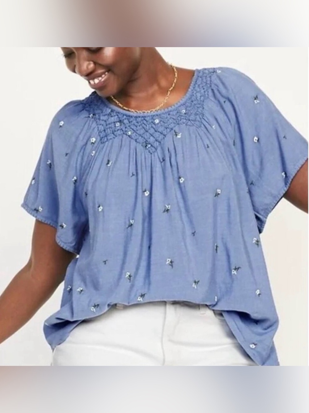 Old Navy Flutter Sleeve Embroidered Blouse Women’s S Blue & White Floral Casual